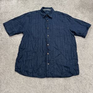 Tommy Bahama Linen Button Down Shirt Mens Medium Blue Short Sleeve Casual